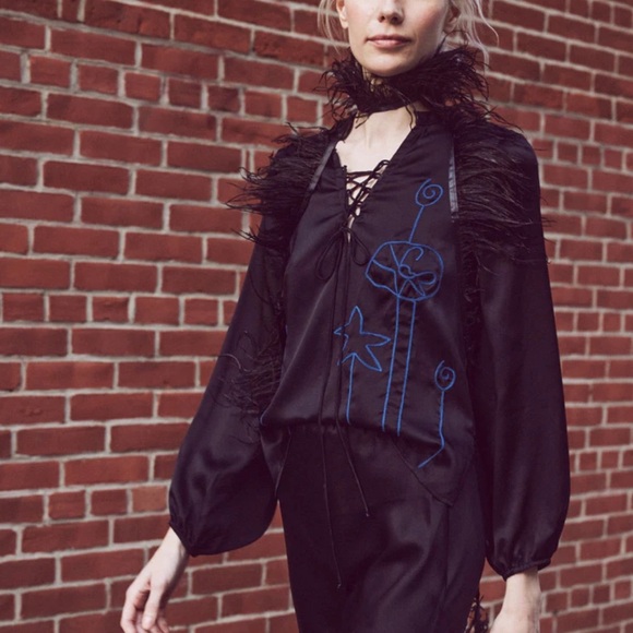 NWT Lingua Franca Embroidered Hudson 100% Silk Long Sleeve Popover Black Size S - Picture 16 of 16